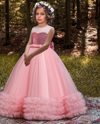 2023 Summer Fluffy Girl First Bridesmaid Dress Pink White Wedding Kids  Dresses For Girls Children Lace Princess Dress 10