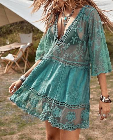 Lace Bikini Cover Ups Summer Swimwear Tunic Shirt Beach Dress