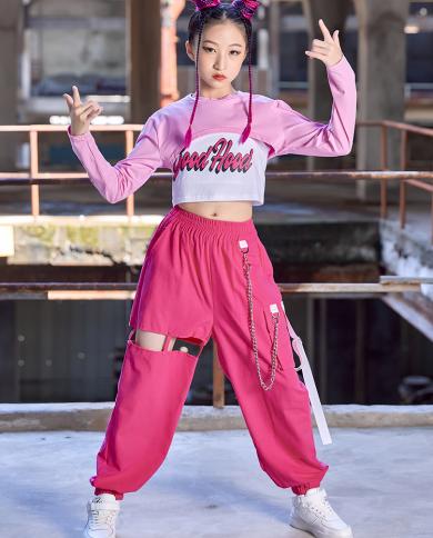 Kids Hip Hop Clothing For Girls Kpop Clothes Pink Crop Tops Pants Long Sleeves Modern Dancing Costume Performance Outfit size 150cm Color Vest And Tops 2pcs