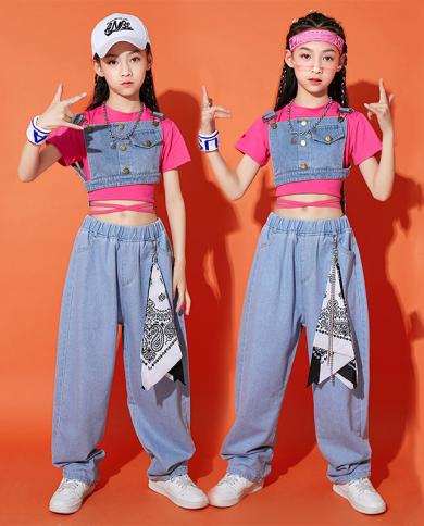 Summer Girls Clothes Denim Vest Pants Jazz Dance Costume Kids Hip Hop Clothing Concert Street Dance Performance Outfit B size 110CM Color Pants And Scarf