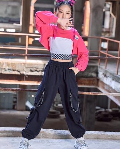 Fashion Girls Clothes Autumn Streetwear Kids Hip Hop Dance Costume Cropped Kpop Outfit Jazz Performance Suit Tops Pants size 140cm Color Pants