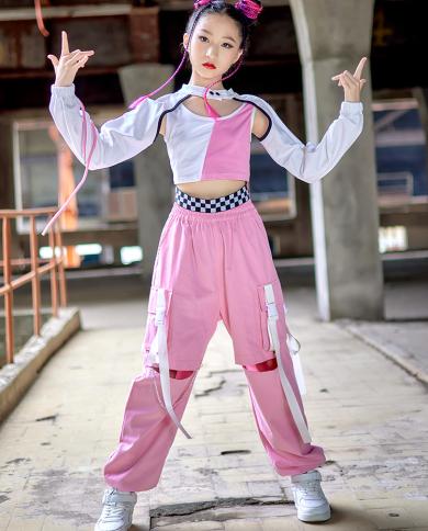 Fashion Kids Clothes Girls Tops Pink Pants Hip Hop Dance Costume Kpop Outfit Concert Festival Clothing Rave Street Wear size 140cm Color Vest And Sleeves