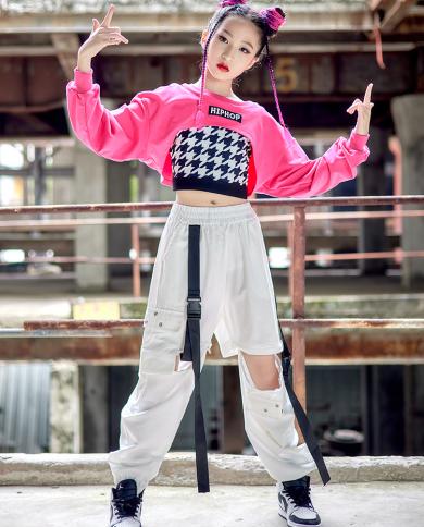 Hip Hop Kids Jazz Dance Costume Girls Crop Tops Pink Long Sleeves