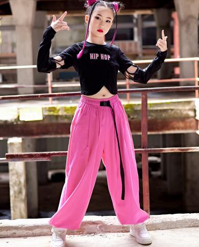 Modern Jazz Dance Costume Girls Long Sleeves Tops Pink Pants Kids Hip Hop  Clothes Kpop Group Performance Outfit Streetwe size 120CM Color Tops