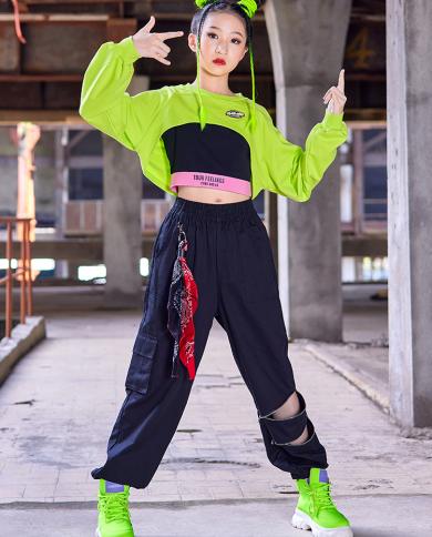 2023 Hip Hop Dance Costume Girls Green Crop Tops Black Sweatpants Long  Sleeves Jazz Performance Clothes Rave Streetwear