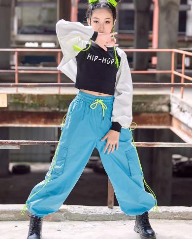 K Pop Kids Hip Hop Clothing For Girls Jazz Costume Navel Performance Outfit  Blue Cargo Pants Modern Fashion Street Wear size 120CM Color Vest And Tops  2pcs