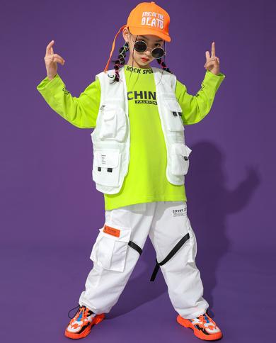 Kids Hip Hop Dance Clothes Streetwear Vest Tops Girl's Pants White Hiphop  Suit Ballroom Modern Stage Performance Costume size 170cm Color 3pcs