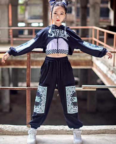 Kpop Kids Hip Hop Costume Black Hooded Crop Tops Pants Teenage Girls  Clothing Jazz Performance Outfit Modern Streetwear size 170cm Color  Vest-Tops-Pants 3pcs