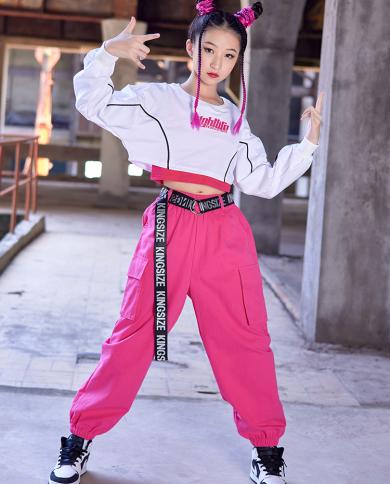 Fashion Girls Kpop Clothes Hip Hop Performance Costume Long Sleeves Suit  Navel Tops Pink Pants Kids Jazz Dance Clothing size 120CM Color Pants And  Belt