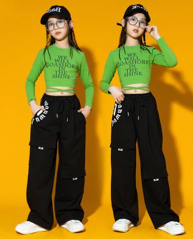 Street Dance Costume Girls Hip Hop Clothes Green Tops Black Pants Jazz  Practice Performance Outfit Modern Kpop Dancewear size 160cm Color 2pcs