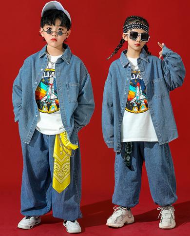 Children Denim Suit Loose Hip Hop Dance Clothes For Kids Boys