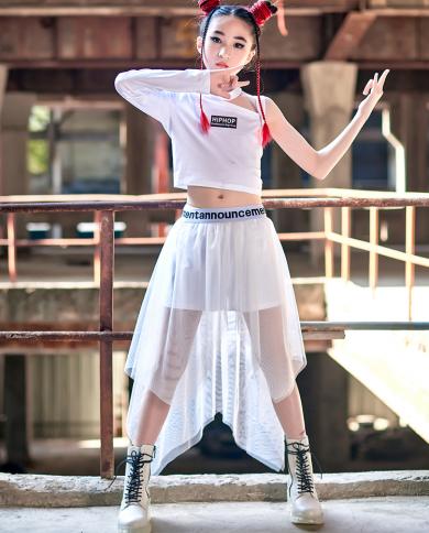 White Jazz Dance Costumes Girls Cheerlead Concert Performance Clothing Hip Hop Clothes Kids Kpop Outfit Stage Wear Rave size 130cm Color Suit