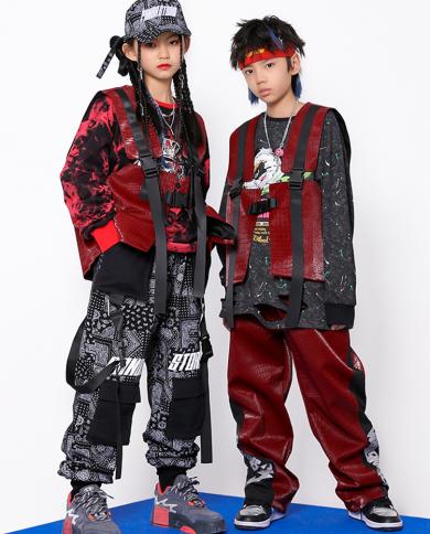 Hip Hop Dance Costume Burgundy Vest Pants Kids Jazz Street Dance