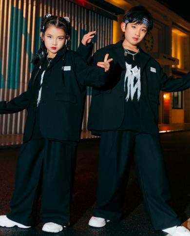 Kids Jazz Dance Costume Boys Hip Hop Clothing Black Blazer Pants Girls Kpop Hiphop Performance Outfit Concert Stage Wear size 150cm Color Girls Coat