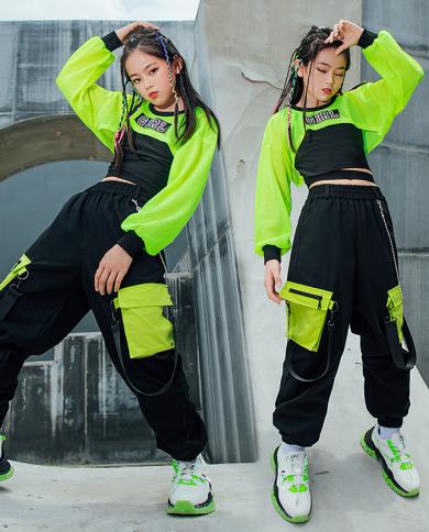 Kids Hip Hop Clothes Girls Jazz Dance Costume Neon Green Crop Tops Black  Vest Cargo Pants Street Dance Performance Wear size 170cm Color 3pcs