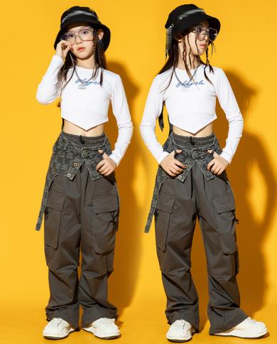 New Modern Jazz Dance Costume Girls Crop Tops Loose Cargo Pants Long  Sleeves Kpop Outfit Kids Hip Hop Clothing Rave Wear size 130cm Color Tops
