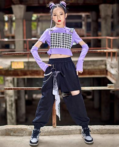 New Children Jazz Costume Girls Modern Dance Clothes Cropped Purple Tops  Black Hip Hop Pants Catwalk Street Dance Outfit size 170cm Color Scarf
