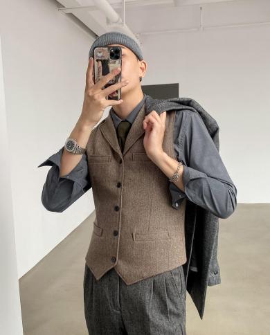 Mens Vintage Tweed Vest Brown Wool Vest Notch Lapel Herringbone