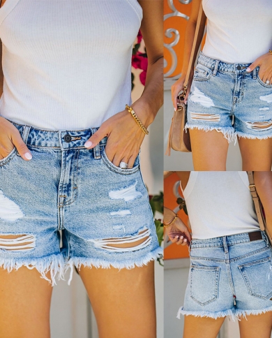 Womens Summer Denim Shorts With Pockets, Casual Washed Short Jeans