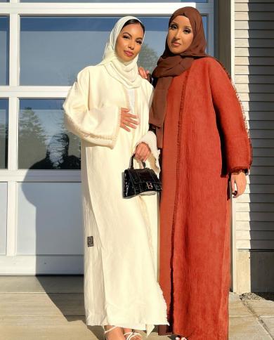 Eid Winter Kimono Abaya Dubai Muslim Hijab Dress Kaftan Islam Open