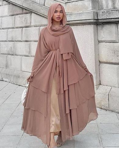 Eid Chiffon Open Abaya Dubai Turkey Muslim Hijab Dress Abayas For