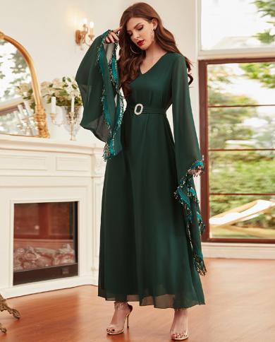 Dark Green Kaftans For Women Chiffon Muslim Fashion Saudi Arabia Abaya  Dubai Evening Dresses Long Luxury Arabic Caftan M size S Color Green