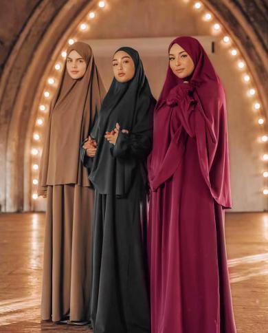 Muslim Jilbab For Women 2 Piece Set Prayer Dress Long Khimar Hijab