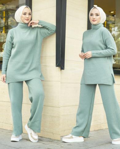 Autumn Winter Knitted Muslim Dress Women 2 Piece Abaya Sweater