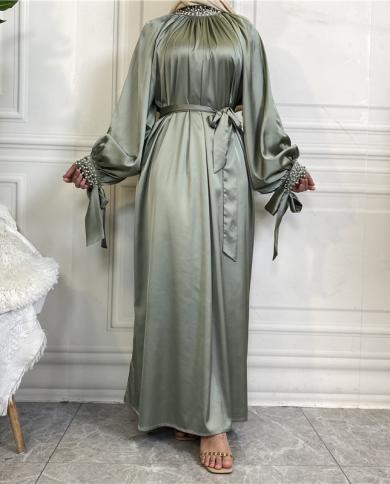 islamic satin dresses Women Satin Dress Plain Kaftan Abaya Muslim Robe Islamic Robe Ramadan Gown Eid