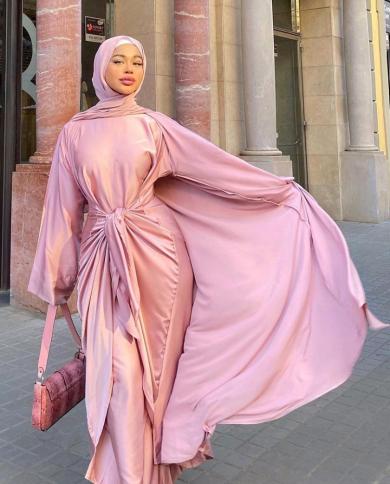2 Piece Matching Muslim Sets Hijab Dress Eid Satin Abayas For