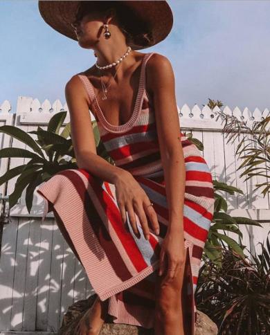 Backless Knitted Dress Women Strap Long Dress Summer Stripe Loose Straight Dress Ladies Holiday Beach Split Long Dressd size L Color MULTI