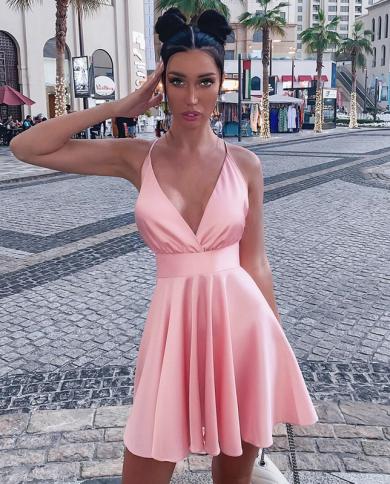 Backless Mini Dress Women Summer Dress Solid Color Aline Casual Short Dress  Deep Vneck Bow Holiday Beach Dresses Dress size M Color Green
