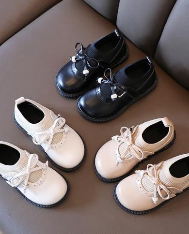 Girls Oxford Shoes Autumn Kids Casual Shoes Children Knitting Sock Sneakers Bow Leather Shoes Baby Princess Shoe Toddle Color Khaki Shoe Size 29