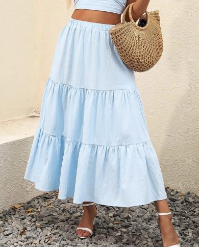 Women's Fashion Pleated A Line Flowy Swing Tiered Skirts Summer Boho Skirts  Female Dress With Pockets Elegant Beach Long size S Color A-red