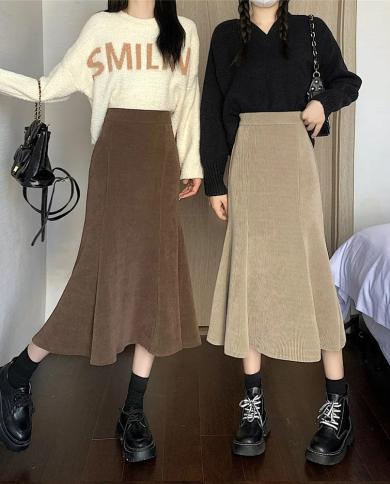 Corduroy Mermaid Skirts Solid Autumn Winter High Waist Sweet All  