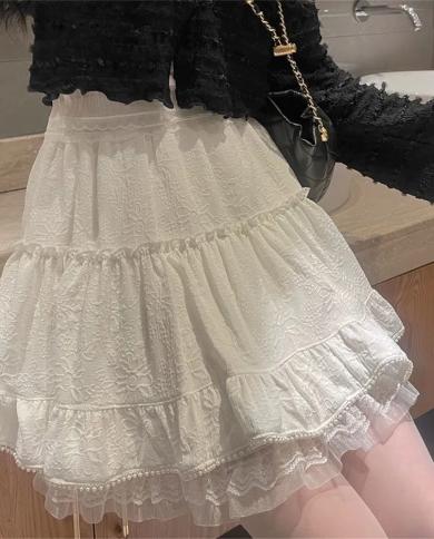 Sweet Pearl Beading Lace Lace Stitching Mini Pleated Skirt Women