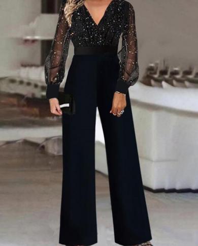 Elegant Contrast Mesh Jumpsuit Work Vneck Plain Long Sleeve Fashion Women s Party Jumpsuits Jumpsuits size XL Color A