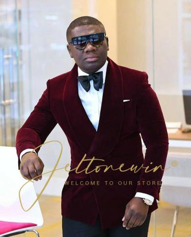 Burgundy Velvet Blazer Slim Fit Suit Jacket Fashion Casual Men