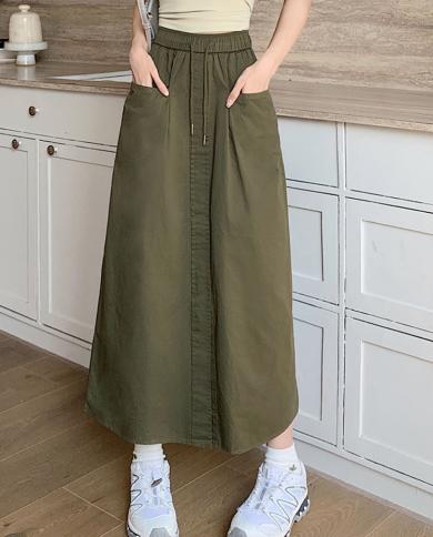 Tigena Casual Cotton Long Skirt Women Fashion Design Pockets Front