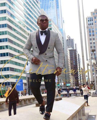 Men s Business Fashion Casual Double Breasted Blazers Male Plaid