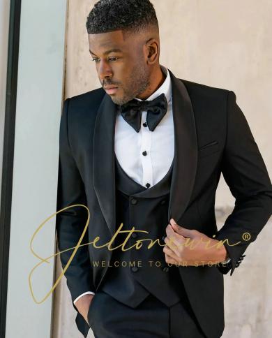 New Men s Suits Set Slim Fit Groom Tuxedo For Wedding Blazer Black