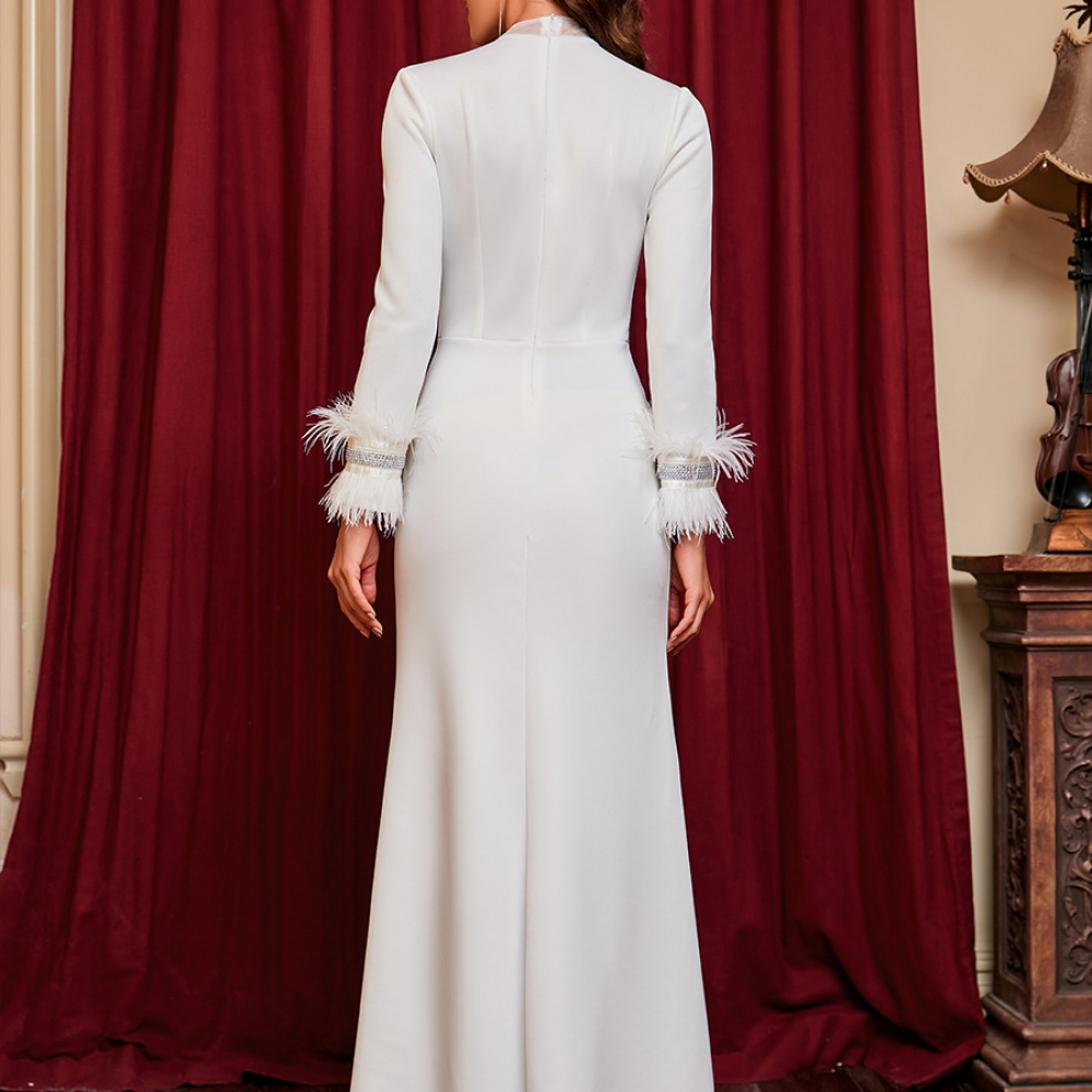 Diamond Deep V Feather Slit Banquet Evening Dress Diamond Deep V Feather Slit Banquet Evening Dress
