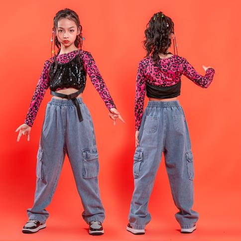 Kids Hip Hop Clothing Leopard Crop Top Long Sleeve Sequined Tank Tops  Streetwear Denim Pants For Girl Dance Costume Clot size 130 Color Pink  Sweatshirt