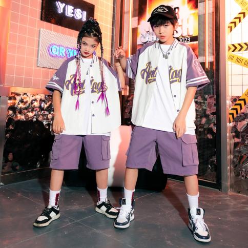 Kids Hip Hop Clothing Teen Short Sleeve Baseball Shirt Purple