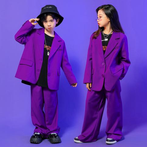 Girls Boys Hip Hop Clothing Purple Blazer Shirt Tops Baggy Pants For Kids Streetwear Dance Costume Suit Clothes Stage Ou size 130 Color Purple Set