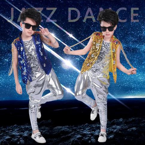 Kids Sequined Hip Hop Outfits Girls Jazz Tap Dancing Tops pants