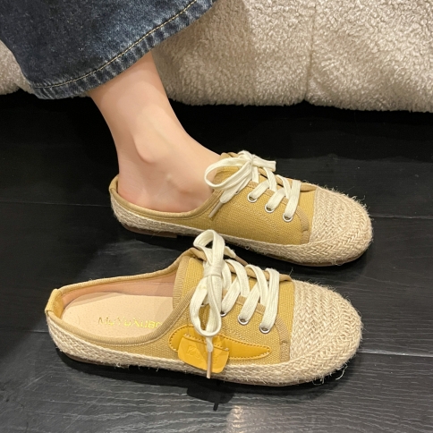 Straw Baotou Half Drag Fisherman Shoes Women's Summer No Heel Lazy Slip On  Casual Lace-up Slippers Women size 40 Color Khaki