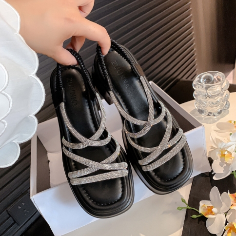 Summer New Outerwear Rhinestone Thick soled Sandals Women s Cross