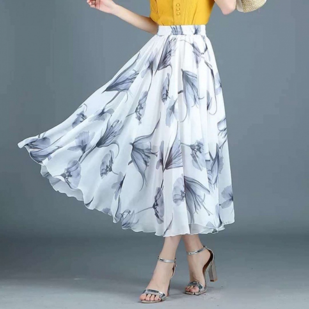 New Chiffon Skirt Mid length Skirt Women s High Waist Slimming A
