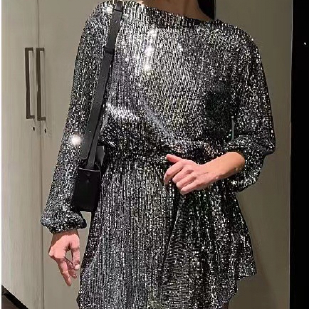 And Light Luxury Sequin Dress Loose Large Size Waist Skirt Ladies Banquet  Dress Skirt size S Color Gray-black